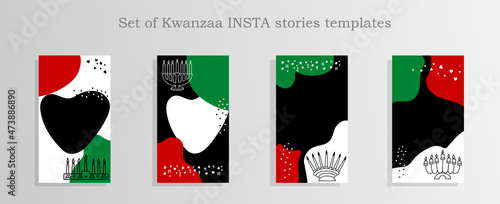 Set of Kwanzaa Social media stories and post templates. Background template with copy space for text and images. Abstract shapes in red, green, black colors. Kwanzaa symbols.