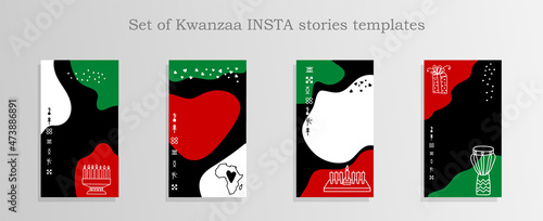 Set of Kwanzaa Social media stories and post templates. Background template with copy space for text and images. Abstract shapes in red, green, black colors. Kwanzaa symbols. photo