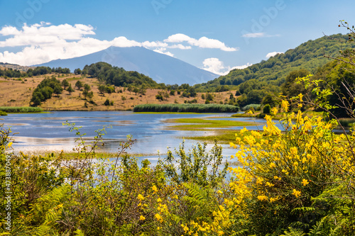 View of Biviere lake with Etna volcano, Nebrodi National Park, Sicily, Italy photo