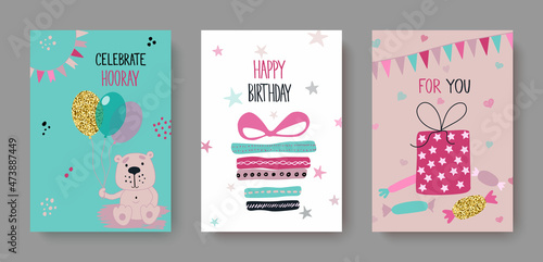 Birthday invitations, greeting cards with cute animals, balloons, gifts, ice cream, candy, flags.Vector illustration.