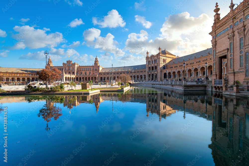 Morning view of the Plaza de Espana, or Spanish Square, in Seville, Spain.