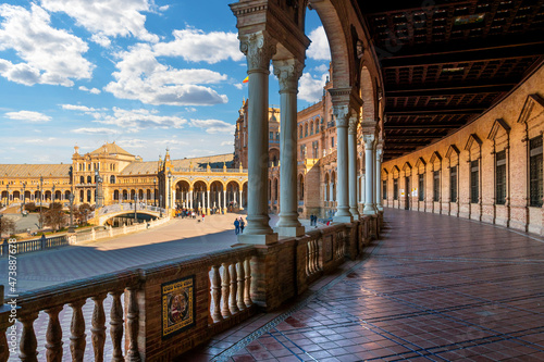 View from the covered portico of the Plaza de Espana, or Spanish Square, in Seville, Spain