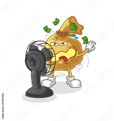 money bag in front of the fan character. cartoon mascot vector