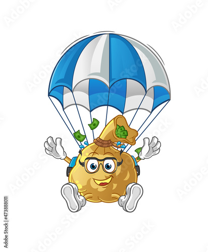 Fototapeta Naklejka Na Ścianę i Meble -  money bag skydiving character. cartoon mascot vector