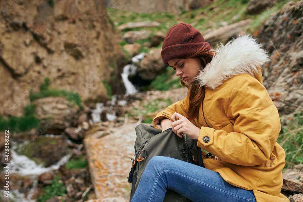 woman hiker with backpack mountains travel adventure freedom woman hiker with backpack mountains travel adventure freedom