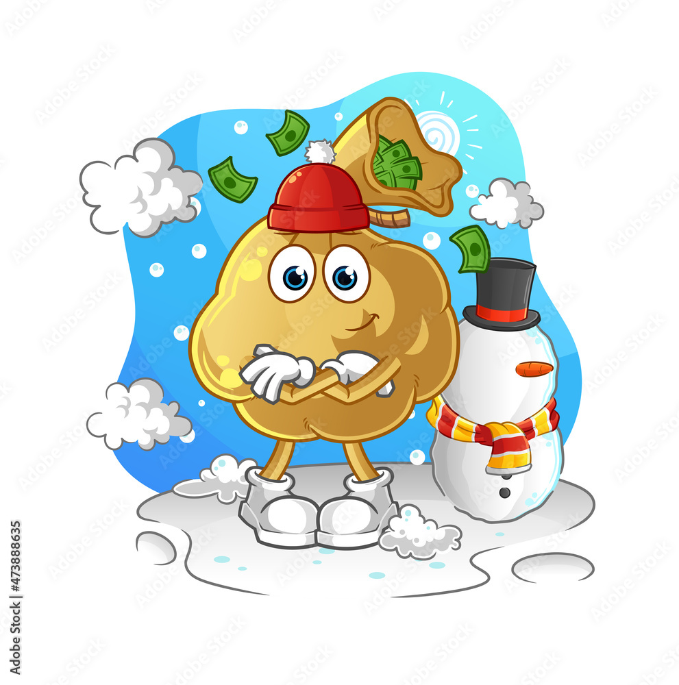 Fototapeta premium money bag in cold winter character. cartoon mascot vector