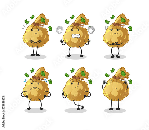 money bag angry group character. cartoon mascot vector