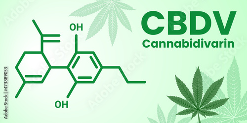 The molecular formula of Cannabidivarin or cannabidivarol CBDV -  non-psychoactive cannabinoid from cannabis plant. Vector banner of a formula with title and marihuana leaf on the light background.