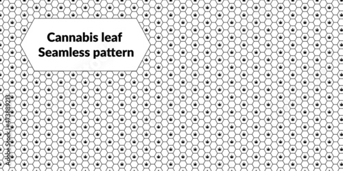 Seamless cannabis pattern. Repeating hexagon tile shape with marihuana icon leaf inside. Black and white outline style.