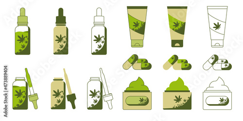 Cannabis oil, powder, cream and pills icon set. Set of vector CBD types icons with droplets, dropper bottles, pipette, bottles in outline and solid style. Isolated on white bg.