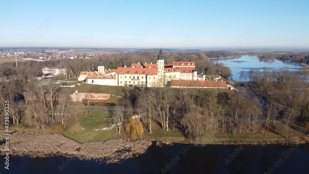 Panoramic view of historical Nesvizh Castle in Minsk region, Belarus