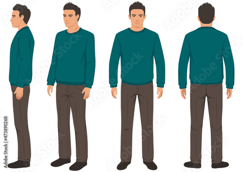 man isolated, front, back and side view