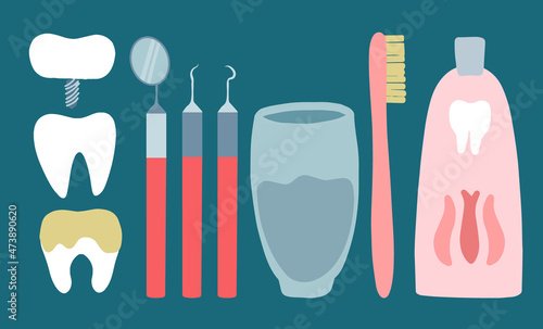 Vector set with healthy teeth, implants, caries, dental instruments, glass of water, toothbrush, toothpaste. Morning routine, daily oral hygiene. The World National International Dentist Day March 6