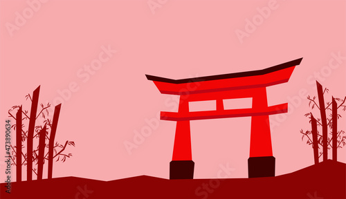 A simple illustration of Japanese gate Torii between some bamboo trees