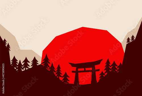 A simple illustration of Japanese gate Torii at the hill between some trees and red sun behind