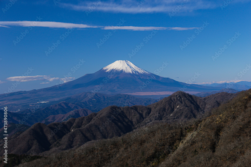冬の丹沢　丹沢主脈縦走路からの絶景　朝の澄んだ空気の中の富士山