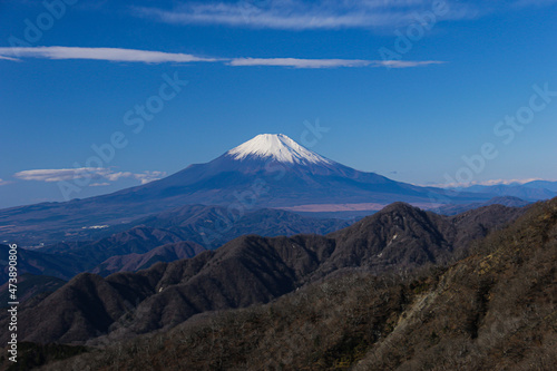 冬の丹沢 丹沢主脈縦走路からの絶景 朝の澄んだ空気の中の富士山
