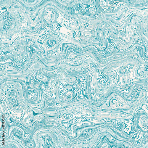 Aegean teal mottled swirl marble nautical texture background. Summer coastal living style home decor. Liquid fluid blue water flow effect dyed textile seamless pattern.