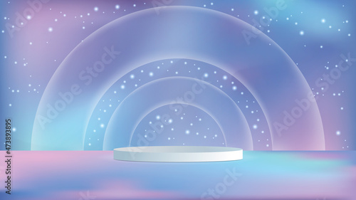 White cylinder podium in empty scene. Minimal scene with magic show