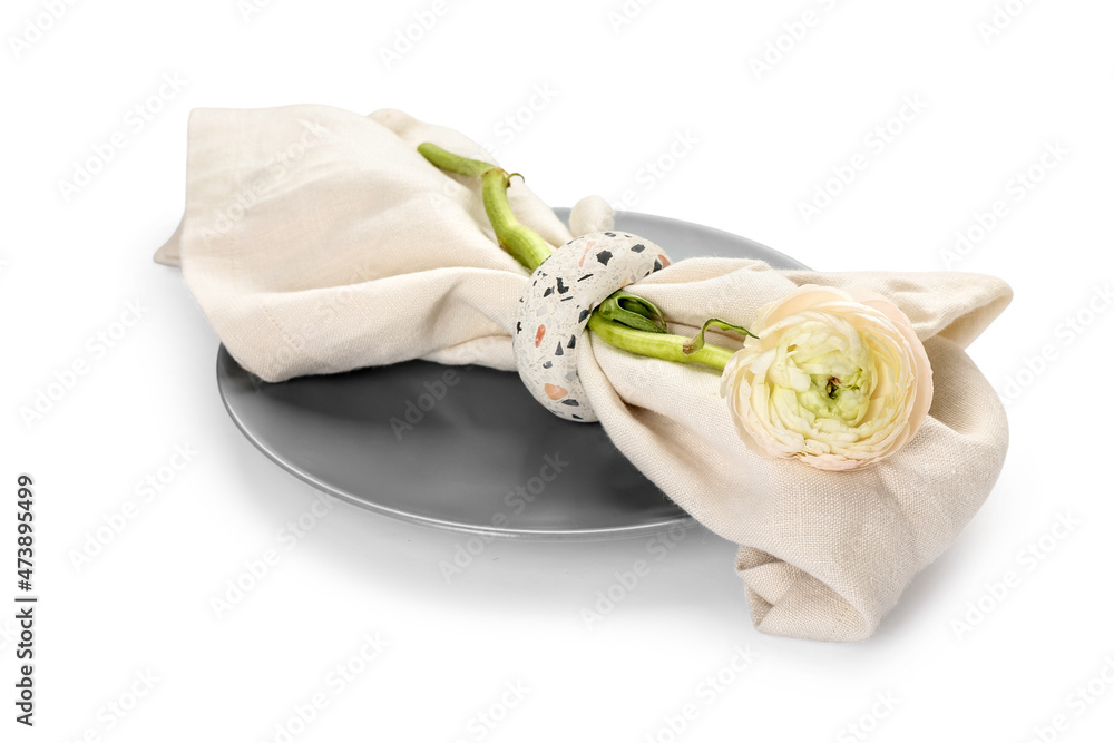 Simple table setting and ranunculus flower on white background Stock ...