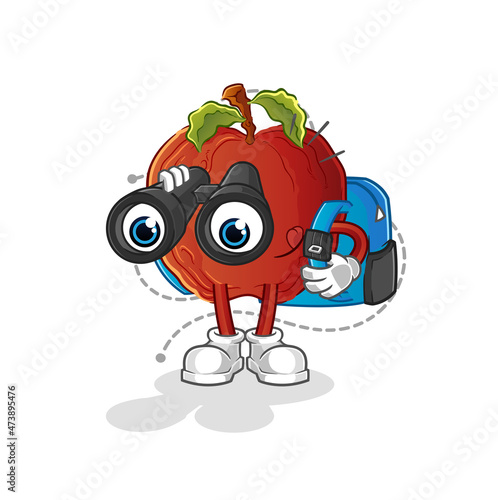 rotten apple with binoculars character. cartoon mascot vector