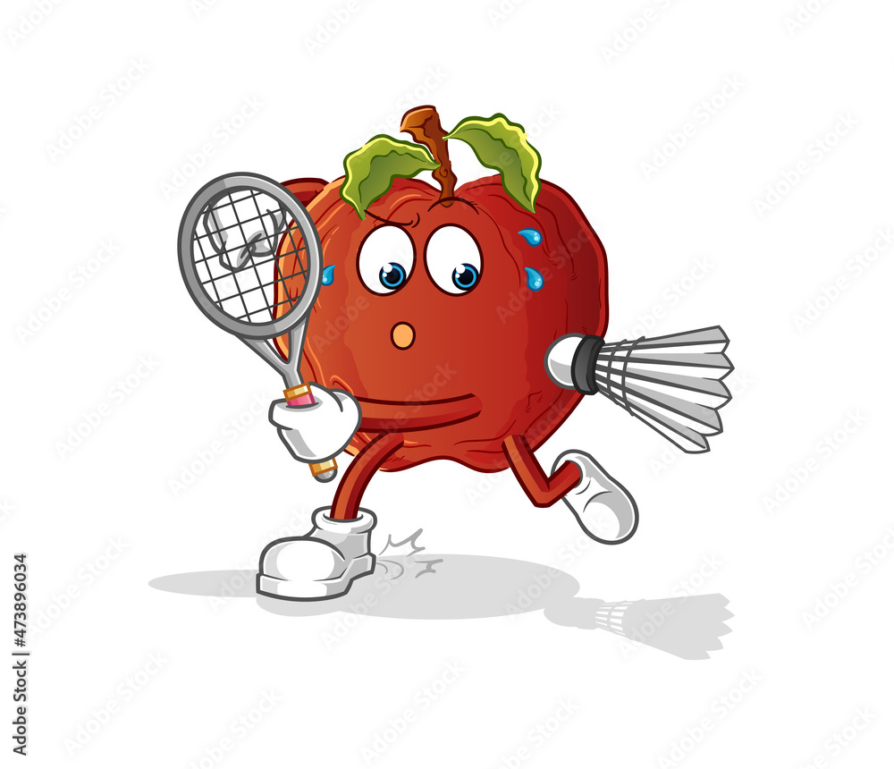 Obraz premium rotten apple playing badminton illustration. character vector