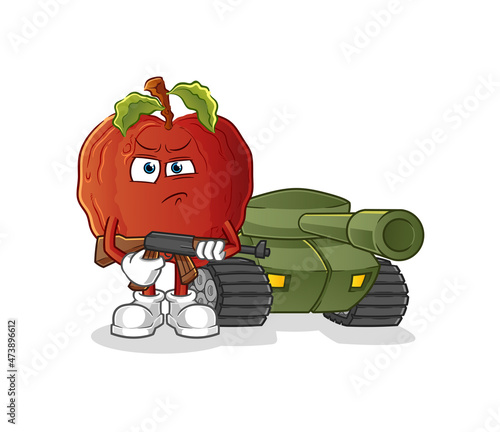 rotten apple soldier with tank character. cartoon mascot vector