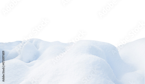 White snowy field with hills and smooth snow surface isolated on white background.