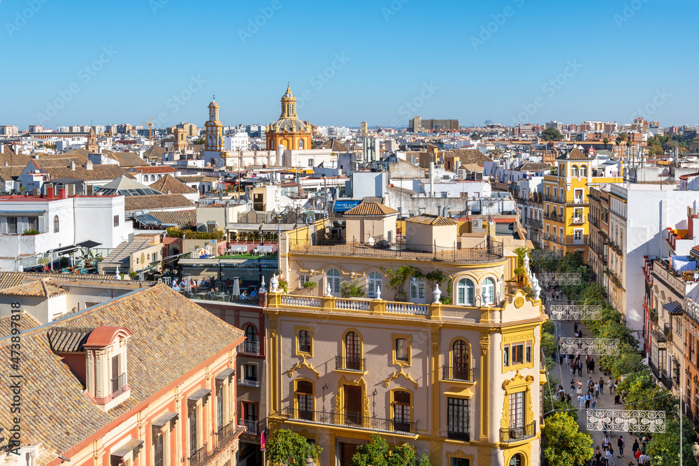 View of the Barrio Santa Cruz old town area from the Giralda Tower of the Seville Cathedral.