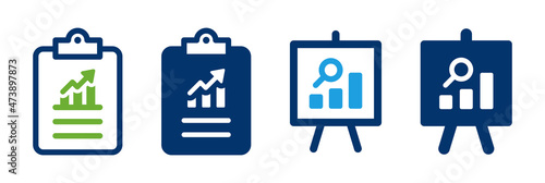 Data chart report on clipboard and whiteboard icon set. Infographic concept