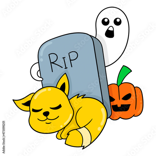 halloween party ghost celebration is in the grave with sleeping cat, doodle icon image kawaii
