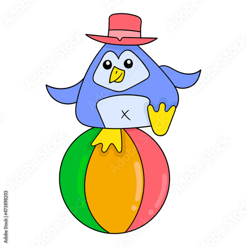 Circus penguin in action standing on ball, doodle icon image kawaii