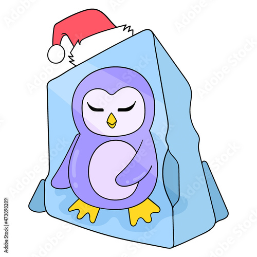 Penguin is stuck frozen in a block of ice, doodle icon image kawaii