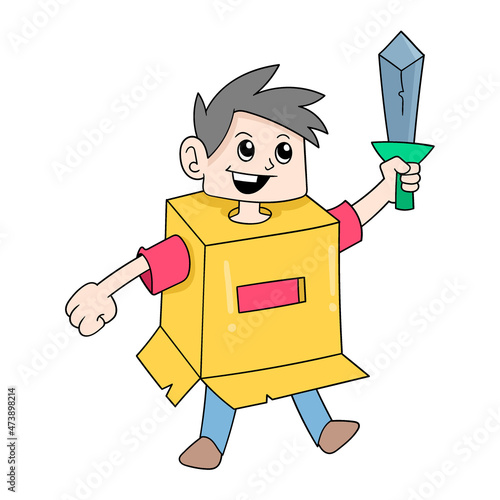 boy is fantasizing wearing a cardboard suit carrying a warrior sword, doodle icon image kawaii