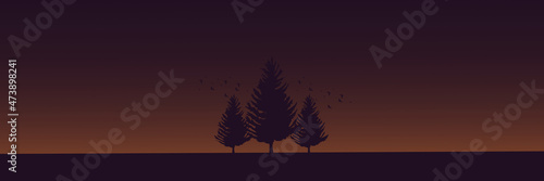 tree silhouette in night landscape flat design vector illustration good for banner background, web background, apps background, tourism design template and adventure backdrop