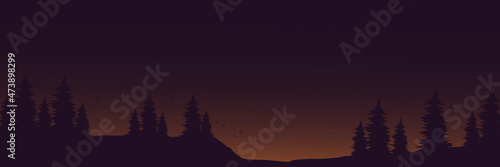 tree silhouette in night landscape flat design vector illustration good for banner background, web background, apps background, tourism design template and adventure backdrop
