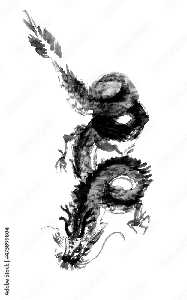 Obraz premium Black chinese dragon graphic ink drawing on white background
