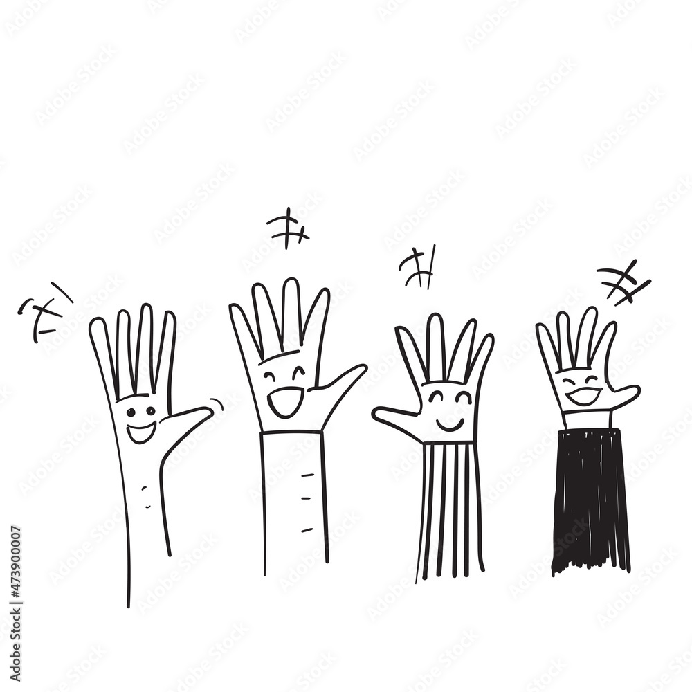 hand drawn doodle raised audience hand with smile face in the palm illustration vector hand drawn doodle raised audience hand with smile face in the palm illustration vector