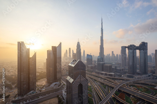 City Skyline and cityscape at sunrise in Dubai. UAE 