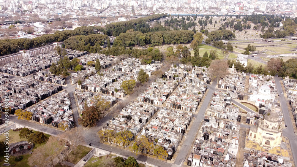 Cementerio de la Chacarita in Buenos Aires city, Argentine. Aerial drone view