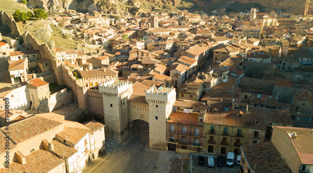 Aerial view of tiled roofs and old streets of Daroca, Spain