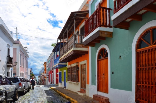 Street View of San Juan, Puerto Rico's capital and largest city, sits on the island's Atlantic coast. Cobblestoned Old San Juan features colorful Spanish colonial buildings