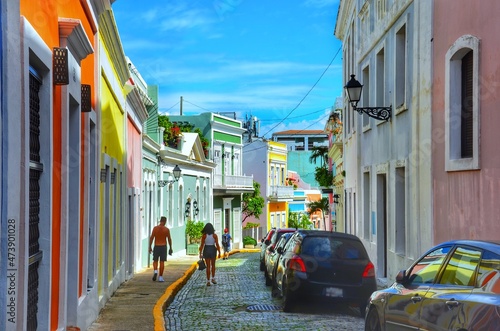 Street View of San Juan, Puerto Rico's capital and largest city, sits on the island's Atlantic coast. Cobblestoned Old San Juan features colorful Spanish colonial buildings