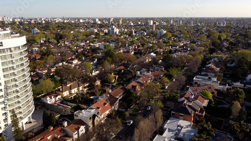 Aerial view showing Rural San Isidro Suburb of Buenos Aires during summer - Residential Area with green trees and River Plate in background