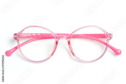 optical kid pink frame eyeglasses on white background.