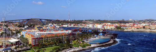 Panorama of colorful Curacao seen from open ocean