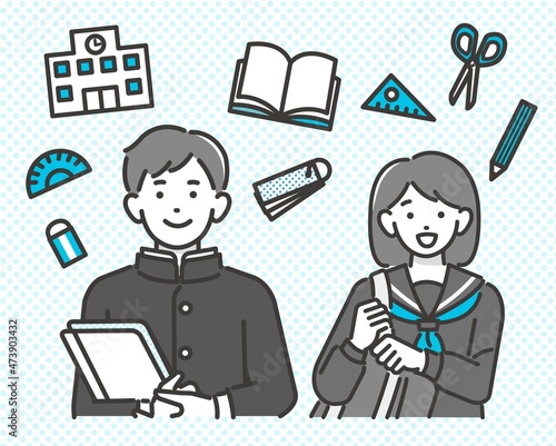 セーラー服や学ランを着た学生と学校教育や文具のアイコンのベクターイラスト素材／勉強／塾