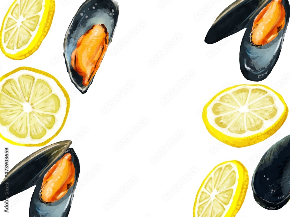 手描き水彩のムール貝とレモンイラスト長方形フレーム 左右 Stock Illustration Adobe Stock 手描き水彩のムール貝とレモンイラスト長方形フレーム 左右 Stock Illustration Adobe Stock