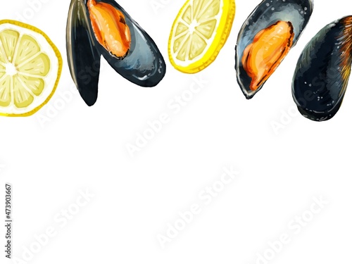 手描き水彩のムール貝とレモンイラスト長方形フレーム・上 photo