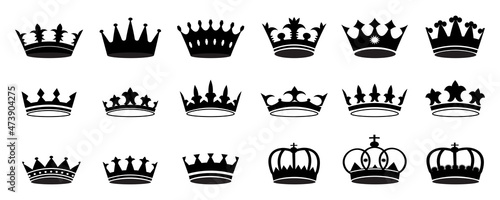 Crown icon set. Silhouette shape. Hand drawn. Decoration element. Modern design. Vector illustration. Stock image. 